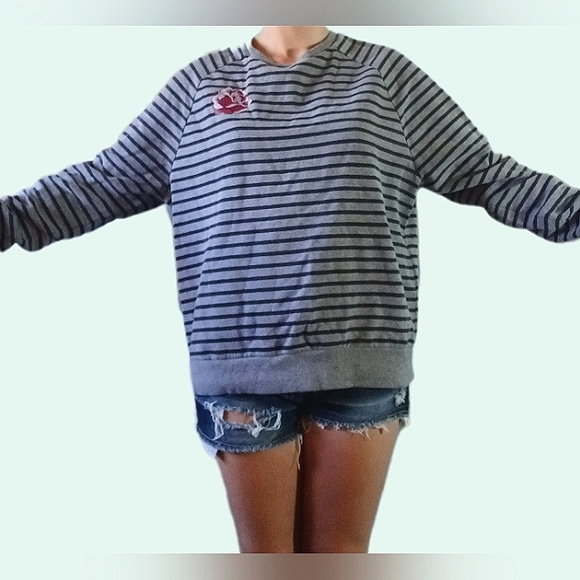 Stripped Black and White Sweater with Rose Decal - Picture 1 of 3